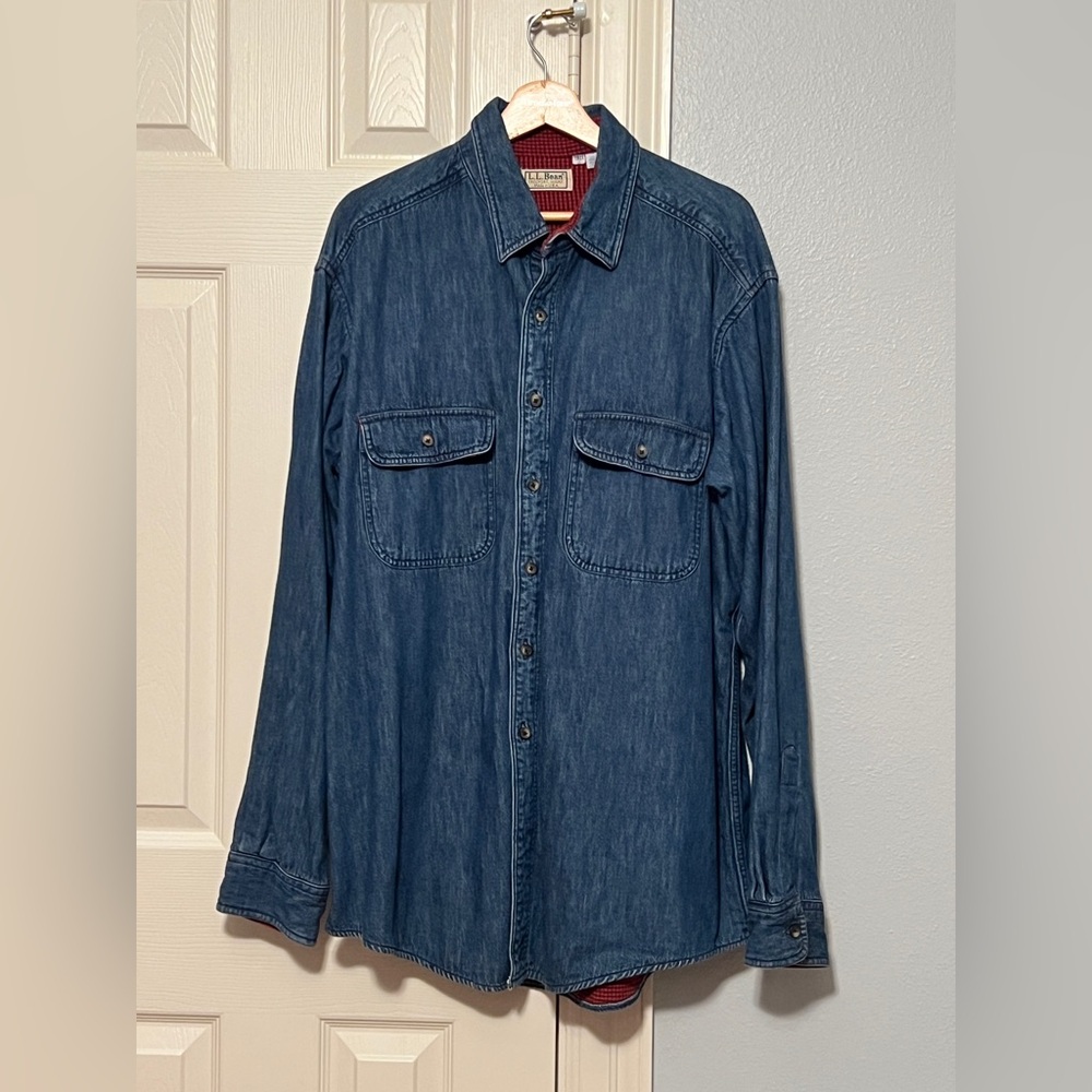 Vintage LL Bean Denim Shirt Men Large Tall LT Plaid Flannel Lined Heavy Barn